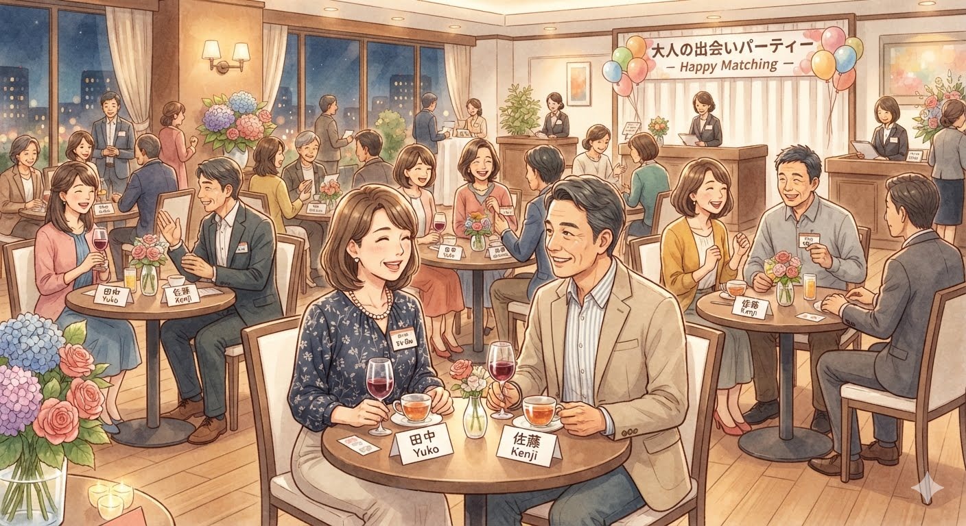 婚活パーティー会場で談笑する参加者たちの様子