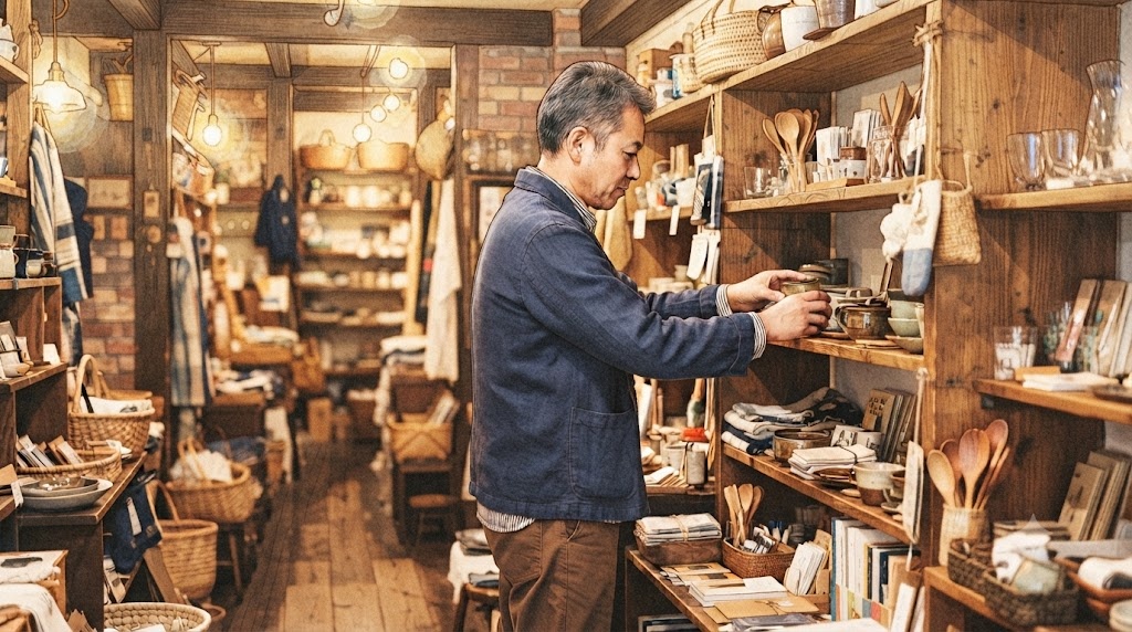 雑貨店の店内で、商品を整理する店長のイメージ