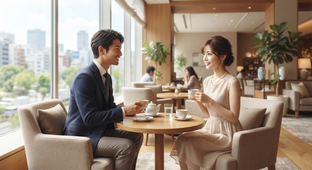 大阪・難波のホテルラウンジで、お見合いに臨む男性会員と女性のイメージ