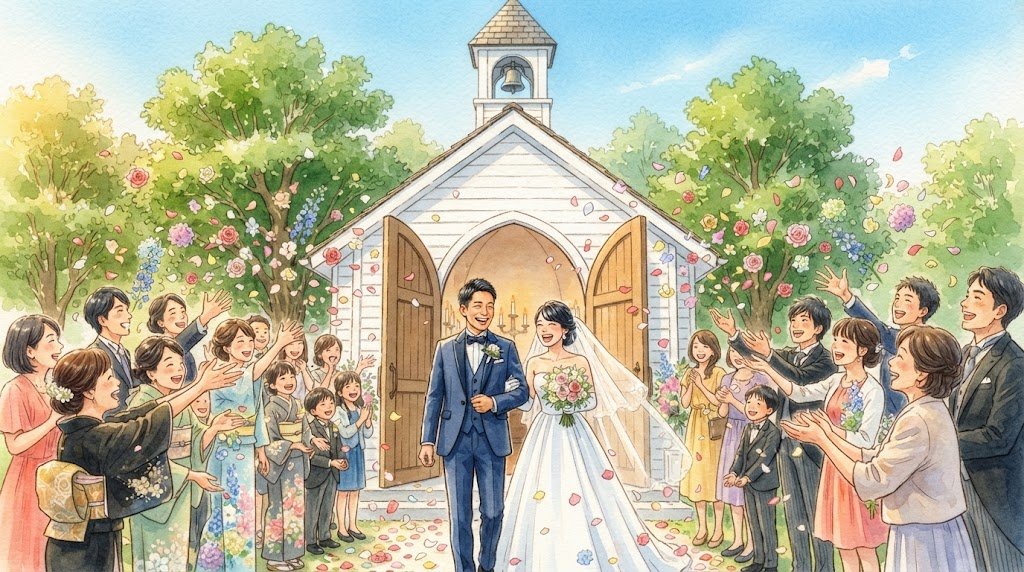 チャペルの前でフラワーシャワーに包まれて笑顔で歩く、日本人の新郎新婦とゲストのイラスト