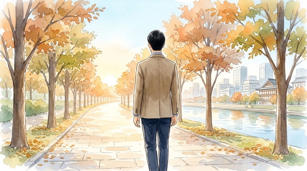 秋の朝、紅葉した並木が続く大阪の川沿いの遊歩道を、ジャケット姿の40代の男性が一人で歩き出している後ろ姿の水彩画イラスト(結婚相談所の入会と、婚活に自分の足で向き合うイメージ)